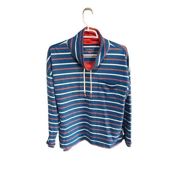 Women's L. L. Bean Large Petite Striped Pullover Drawstring 100% Cotton Hoodie B - Picture 1 of 4